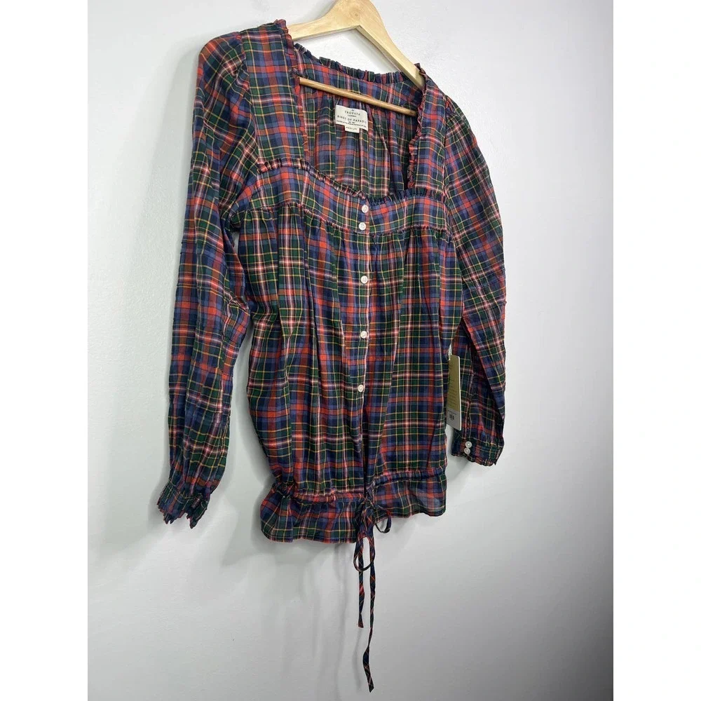 Birds of Paradis Trovata Eunice Square Neckline Ruffle Blouse Trail Plaid M NWT - Picture 4 of 11